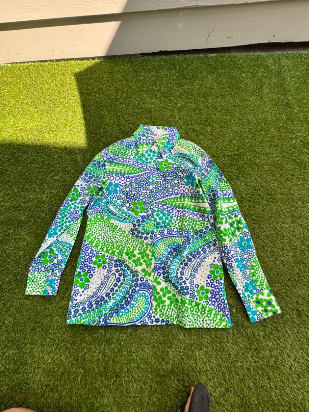 Vintage Donn kenny Green Blue Retro Vibrant Blouse Size 9/10 - Picture 2 of 9